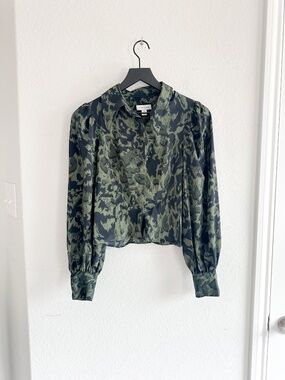 Topshop Olive Green Black Abstract Print Satin Puff Sleeve Blouse Size US 4